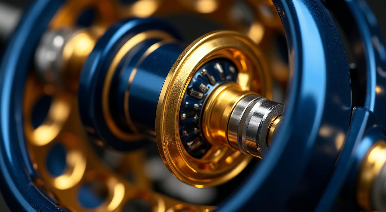 Close up details of a high-end saltwater reel gear system
