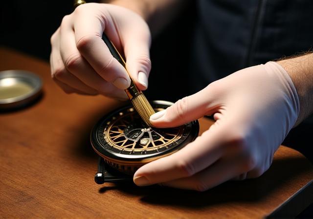 Hands carefully cleaning a gold-accented fly reel with a precision cloth
