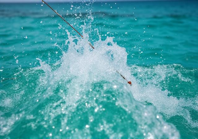 Clear fishing line being cast into turquoise tropical waters