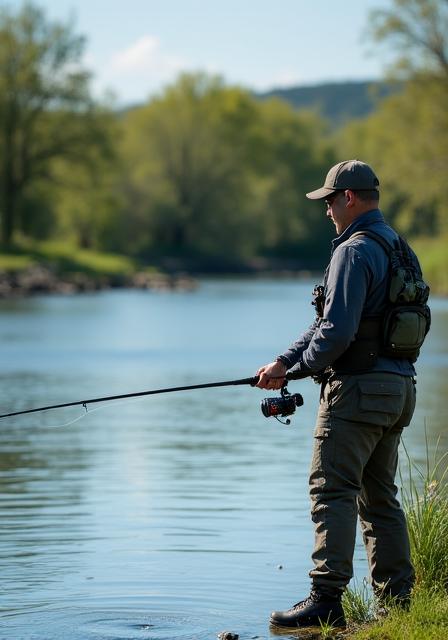 Angler casting a carbon fiber rod over calm waters