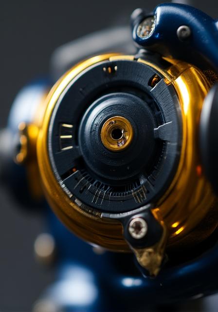 Close up of a metallic gold fishing reel component