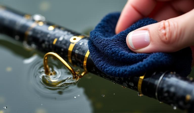 Close up of water droplets on a high-end fishing rod being wiped with a cloth
