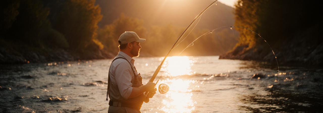 Fly fisherman casting into mountain river during golden hour