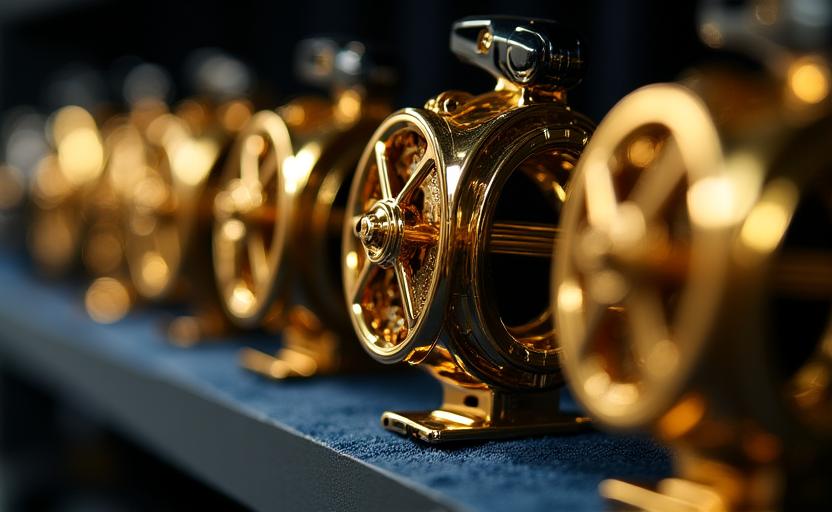 Close up of high-end fishing reels on display