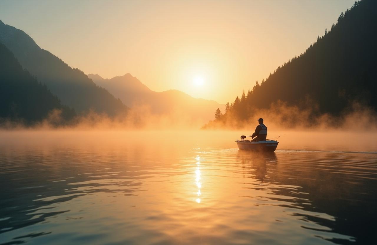 Serene mountain lake at dawn for a morning fishing expedition