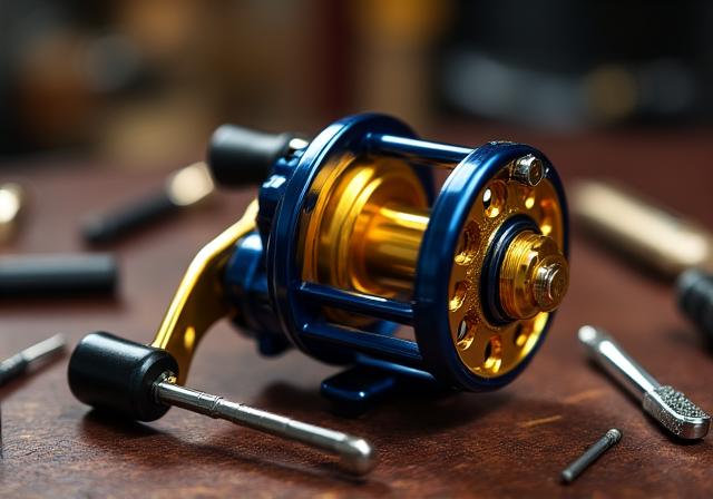 Disassembled premium gold trim fishing reel on a dark wooden workbench