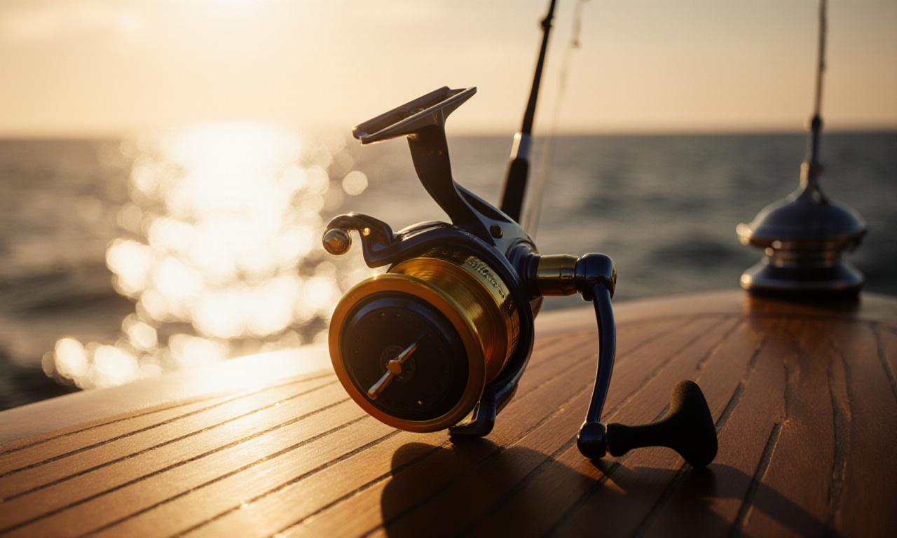 Close up of a high-end saltwater reel in the sun
