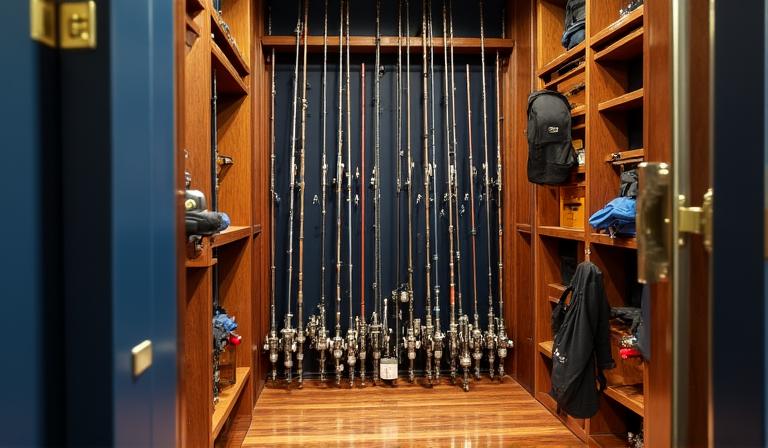 A collection of premium fishing rods stored vertically in a gold-themed rack